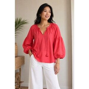 Tommy Bahama Silk Cotton Peasant Blouse Coral Pink Balloon Sleeve Tie Neck Top L